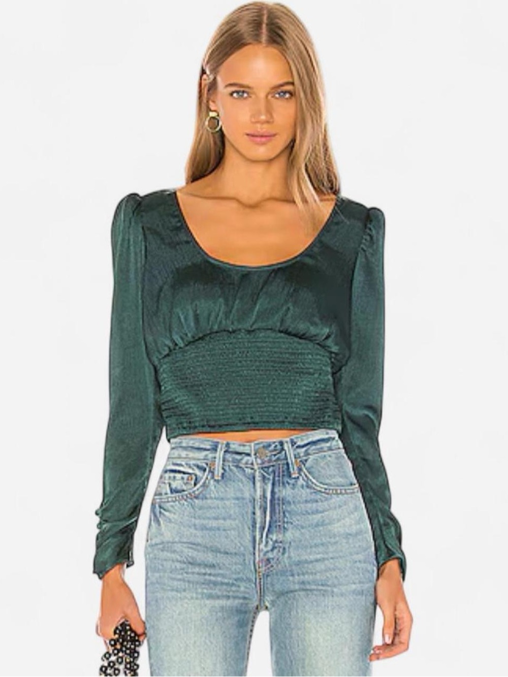 Free People Santiago Dark Green Satin Long-Sleeve Blouse Top XL Chic Holidays